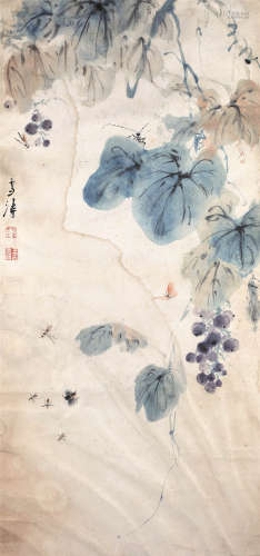 王雪涛（1903-1982） 葡萄草虫 纸本设色 镜框