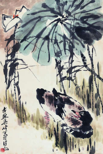 梁 崎（1909-1996） 池塘游鸭 纸本设色 立轴