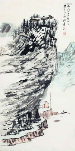 张大千（1899-1983） 1943年 山间泊舟 纸本设色 立轴