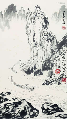 黎雄才(1910-2001) 杨善荣 赵少昂（1905-1998） 江上木筏 纸本水墨 立轴