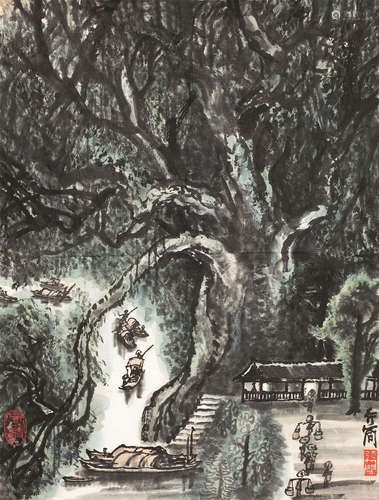 李行简（b.1937） 郁郁荫下忙 纸本设色 镜片