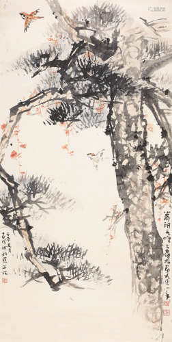 萧 朗（1917-2010） 孙其峰（b.1920）霍春阳（b.1920） 松间戏雀（指画） 纸本设色 镜心