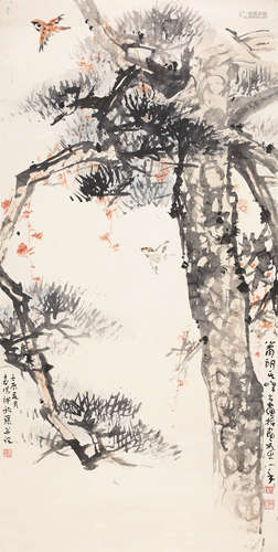 萧 朗（1917-2010） 孙其峰（b.1920）霍春阳（b.1920） 松间戏雀（指画） 纸本设色 镜心