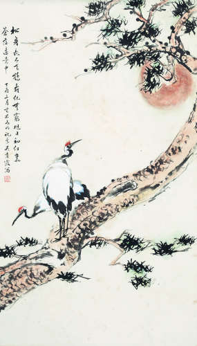吴青霞（1910-2008） 1957年 松鹤图指画 纸本设色 立轴