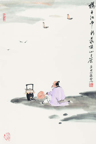 亚 明（1924-2002） 春江煮茶图 纸本设色 立轴