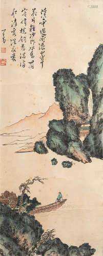 溥 儒（1896-1963） 江中泛舟 纸本设色 镜框