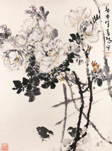 霍春阳（b.1946） 1980年 花丛小趣 纸本设色 镜框