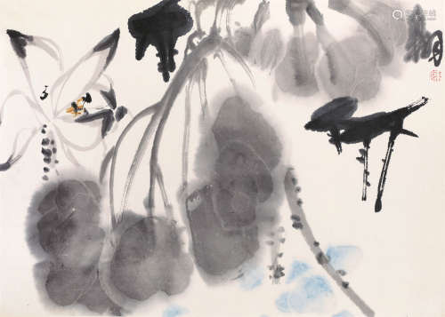 陈大羽（1912-2001） 墨荷 纸本设色 镜框
