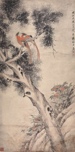 汤禄名（1804-1874） 1874年 双壽百龄 纸本设色 立轴