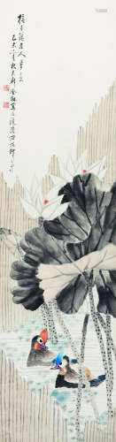 金梦石（1869-1952） 1918年 池塘鸳鸯 纸本设色 立轴