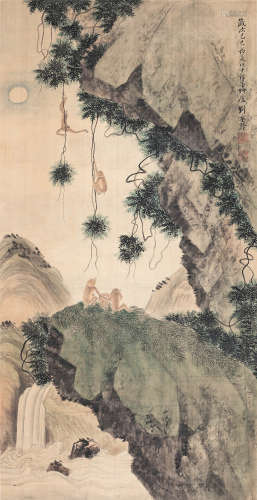 刘奎龄（1885-1967） 1929年 猴子捞月 绢本设色 立轴