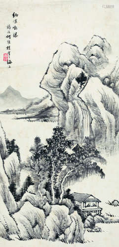 何维朴（1842-1922） 纳凉听瀑 纸本水墨 立轴