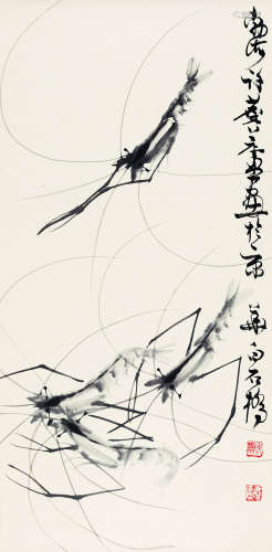许麟庐（1916-2011） 虾趣图 纸本水墨 立轴
