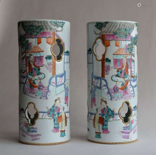 Pair Chinese famille rose porcelain hat stands vases