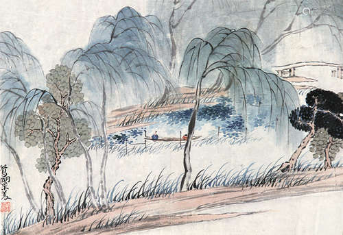 吴滔（1840～1895） 鸳湖采菱 镜片 纸本