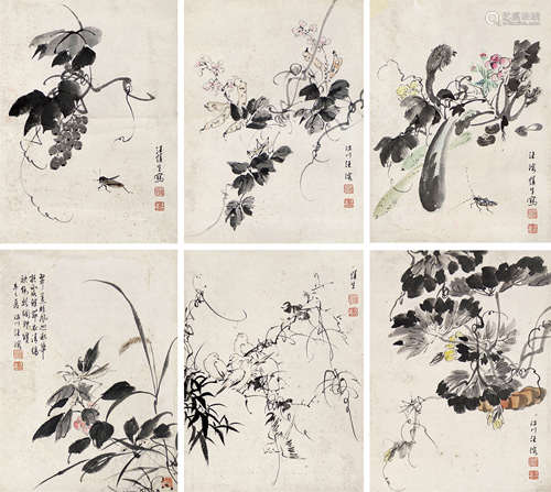 汪溶（1896～1972） 辛巳（1941年）作 花卉草虫 镜心四屏