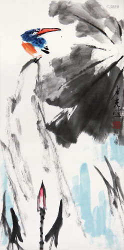 卢光照（1914～2001） 荷花翠鸟 立轴 纸本