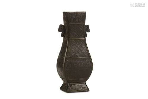 A CHINESE BRONZE FANGHU. Song to Yuan Dynasty. Of rectangular form, the pear-shaped body rising