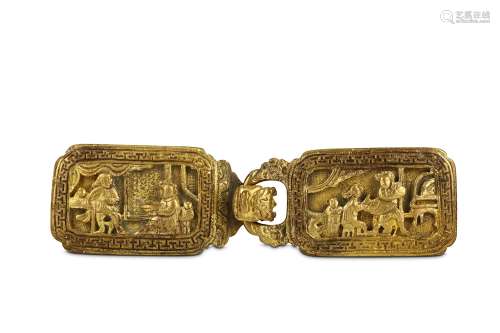 A CHINESE GILT BRONZE 'EUROPEANS' BELT HOOK AND BUCKLE. Qing Dynasty, 18th Century. A dragon head
