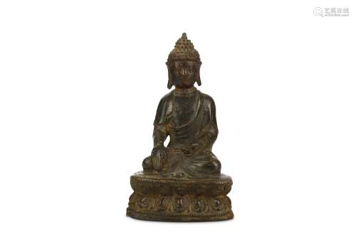 A CHINESE GILT BRONZE BUDDHA. Ming Dynasty. Seated in long flowing robes, the chest exposed, on a