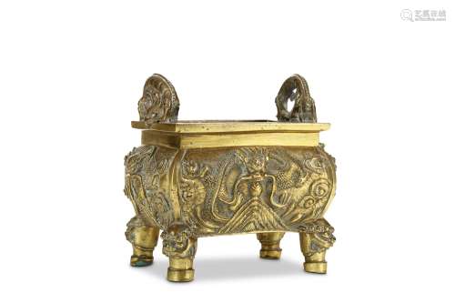 A CHINESE BRONZE ‘DRAGONS’ INCENSE BURNER. Qing Dynasty. Of rectangular section with rounded sides,