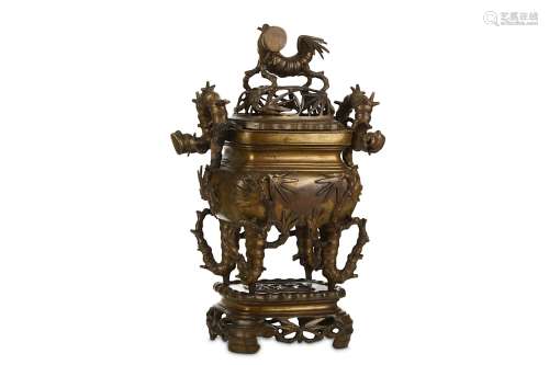 A LARGE CHINESE BRONZE 'BAMBOO' INCENSE BURNER, COVER AND STAND. Qing Dynasty. Of rectangular form
