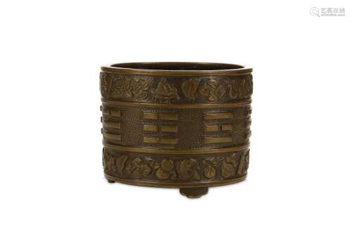 A CHINESE BRONZE ‘BAGUA’ INCENSE BURNER, LIAN. Ming Dynasty, signed Hu Wenming. Of cylindrical