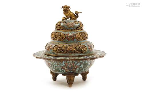 A CHINESE CLOISONNÉ ENAMEL INCENSE BURNER, AND COVER. The rounded body with a foliate galleried