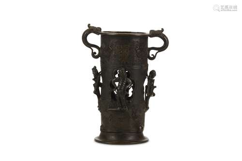 A CHINESE BRONZE INCENSE STICK HOLDER. Yuan Dynasty. The cylindrical parfumier with two chilong