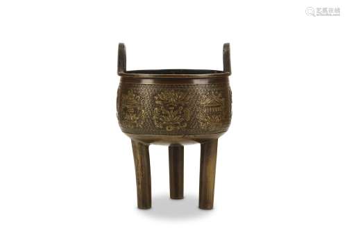 A CHINESE BRONZE ‘EIGHT BUDDHIST EMBLEMS’ INCENSE BURNER. Qing Dynasty. The rounded body supported