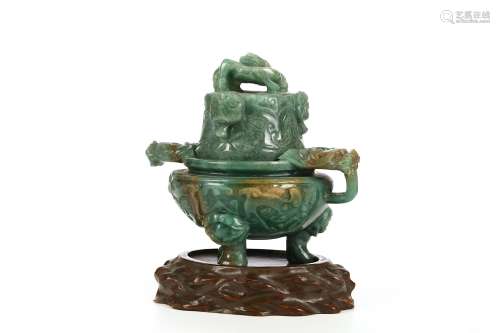 1A CHINESE JADE INCENSE BURNER, AND COVER. Wood stand. (3) 16cm H. Provenance: London private