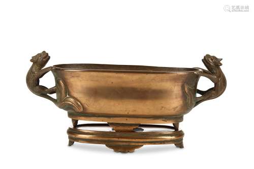 A CHINESE BRONZE NARCISSUS BOWL 'DRAGON' INCENSE BURNER, AND STAND. Qing Dynasty. Of oval form,