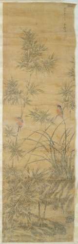 AFTER QIAN WEICHENG (1720-1772), watercolour on silk, hanging scroll, birds amidst bamboo above a