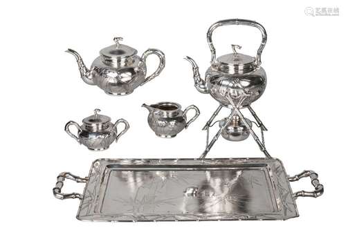 A Chinese export silver five-piece tea set by Zee Wo, comprising tray, 30cm x 57cm, kettle, stand,