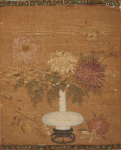 Four Chinese paintings on silk, 17th-19th century, to include a study of a vase of chrysanthemum,