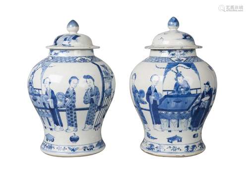 A pair of Chinese porcelain baluster vases and covers, late 19th century, painted in underglaze blue