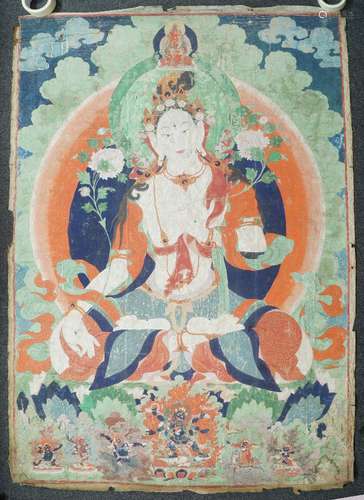 A large Tibetan thangka of Tara, 19th century, distemper on cloth, seated in dhayasana, with two