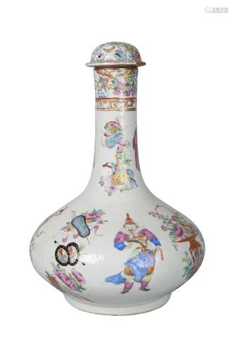 A Chinese Canton porcelain bottle vase and cover, mid-19th century, painted in famille rose