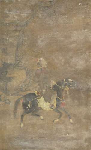 18th century Chinese School, ink and colour on silk, hanging scroll, study of a rider on