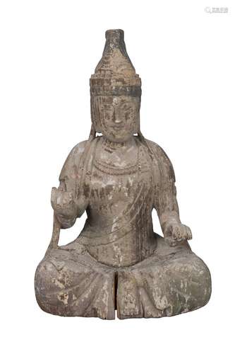 A South East Asian carved wood figure of Buddha, 18th/19th century, seated in Dhayasana, with traces