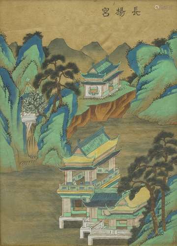 A pair of Chinese paintings on silk, 20th century, one depicting a palace, the other a procession in