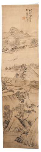 19th century Chinese School, watercolour on paper, hanging scroll, boats in a mountainous landscape,