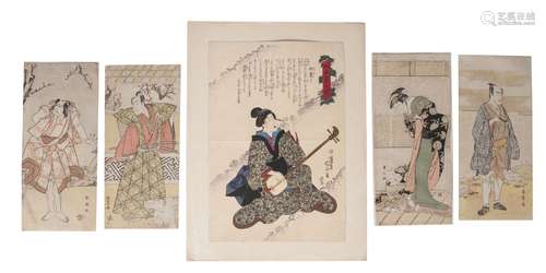 Utagawa Shunsho, Japanese, 1830-1854, two portraits of Bijin, 37.5 x 25.5cm, together with a print