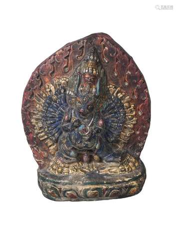 A Tibetan painted terracotta votive figure, 18th century, deppicting Yamantaka, 15cm high