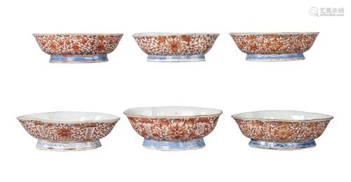 Six similar Chinese porcelain quatrilobed bowls, Tongzhi, painted in iron red with gourds and