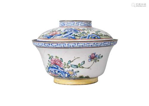 A Chinese Canton painted enamel cup and cover, mid-19th century, painted with blossoming