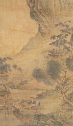 MANNER OF QIU YING (SHIFU, 1494-1551), ink and colour on silk, travellor with horse in mountainous