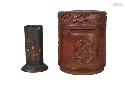 A Chinese bamboo jar and cover, 20th century, carved with panels of figures and animals, 16cm