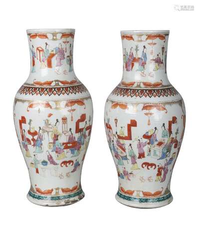 A pair of Chinese export porcelain baluster vases, early 19th century, painted in famille rose