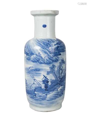 A Chinese porcelain rouleau vase, mid-19th century, painted in underglaze blue with a fisherman in a